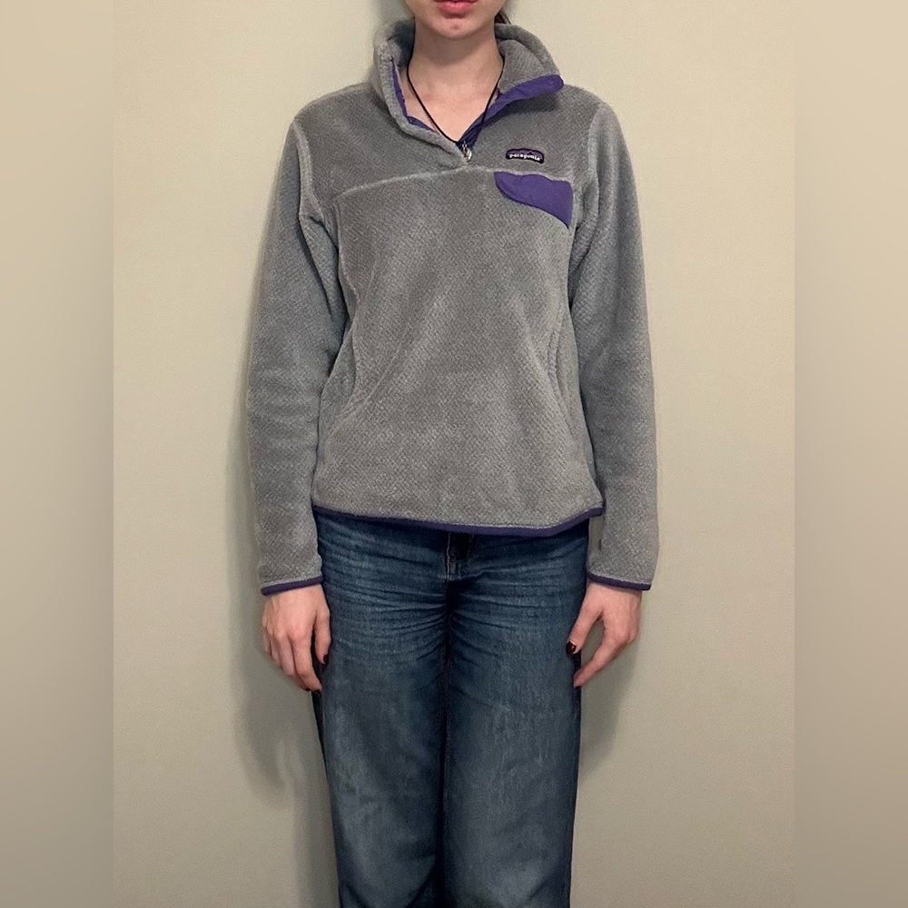 Grey Patagonia Teddy Jacket With Purple Hem